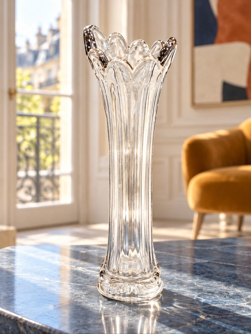 Antique Clear Pressed Glass Swung Vase Ribbed 10 Finger Starburst Base 9"
